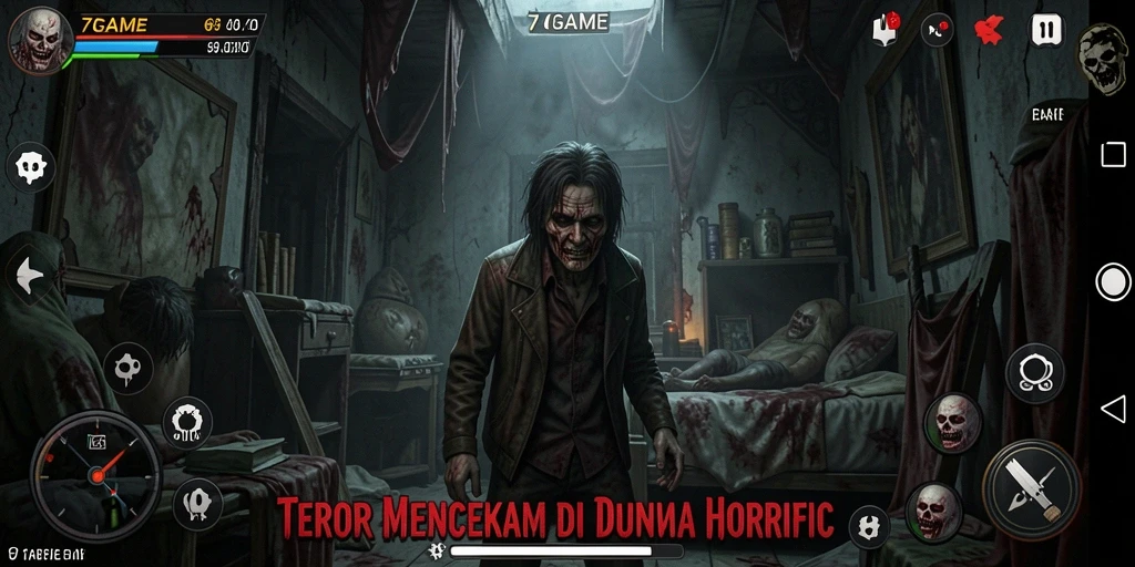 Screenshot gameplay 7GAME dengan suasana menyeramkan dan makhluk horror.