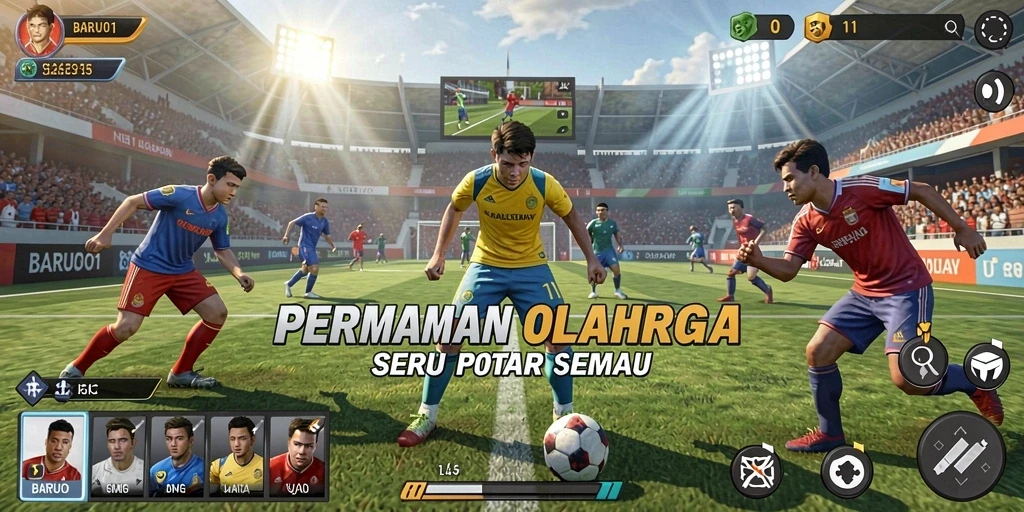Screenshot utama menunjukkan pemain beraksi di lapangan olahraga.