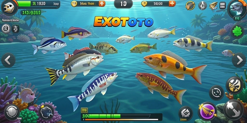 Screenshot gameplay EXOTOTO yang menampilkan tembakan ikan yang menarik.