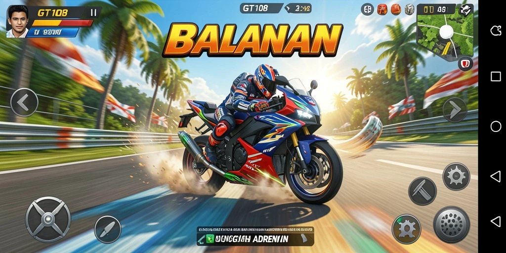 Gameplay seru dan kompetitif dari GT108 saat balapan motor.