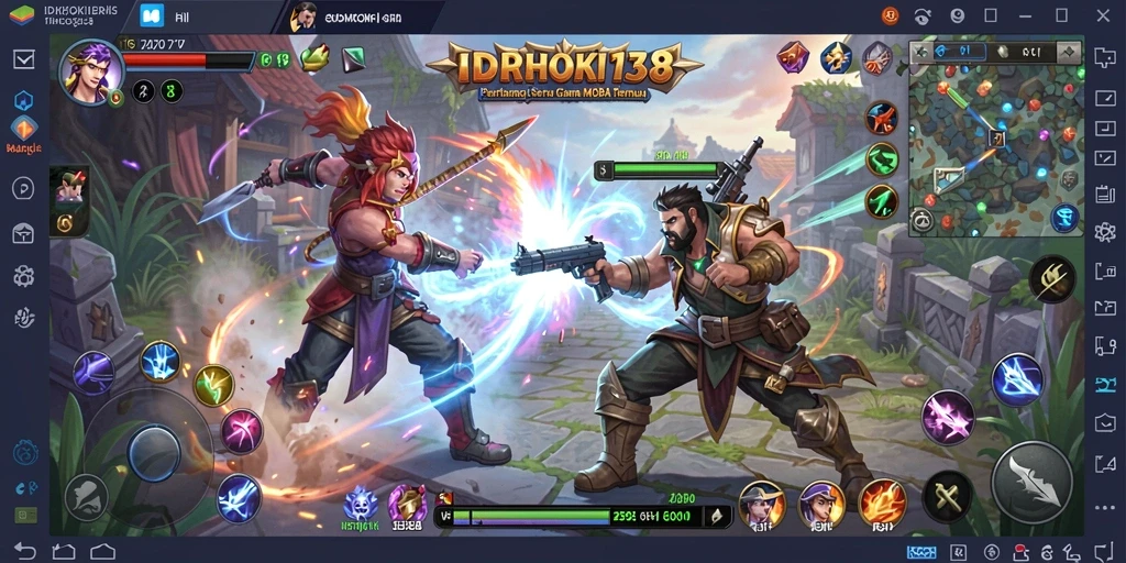 Screenshot utama IDRHOKI138 menampilkan aksi pertempuran seru di arena MOBA.