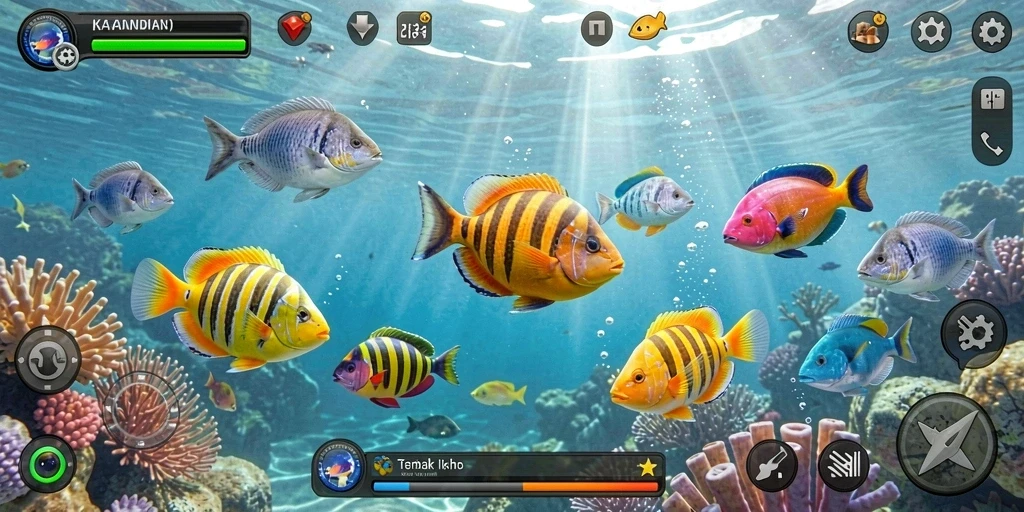 Tampilan gameplay KAGANDAN dengan berbagai ikan yang menunggu untuk ditangkap.