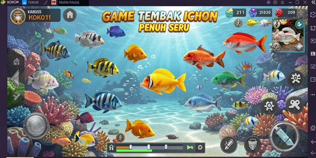 Screenshot gameplay KOKO11 menampilkan aksi tembak ikan yang intens.
