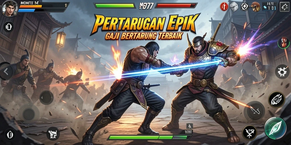 Tampilan screenshot MONTE77 menampilkan karakter tengah bertarung dengan teknik bertarung yang dramatis.