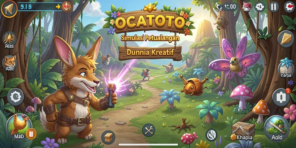 Tangkapan layar utama OCATOTO menampilkan gameplay yang penuh imajinasi dan aktivitas kreatif.