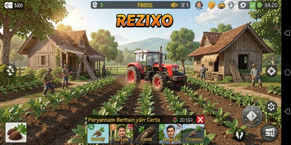 Tampilan gameplay REZIXO yang menampilkan aktivitas bertani yang menyenangkan.