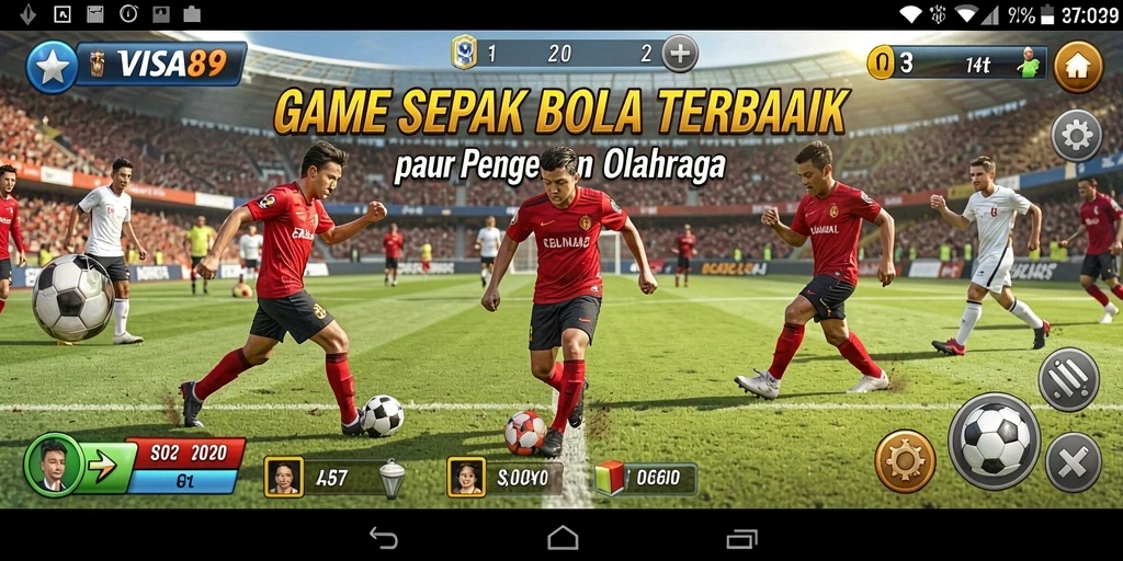 Screenshot gameplay VISA89 menunjukkan aksi pertandingan sepak bola yang mendebarkan.